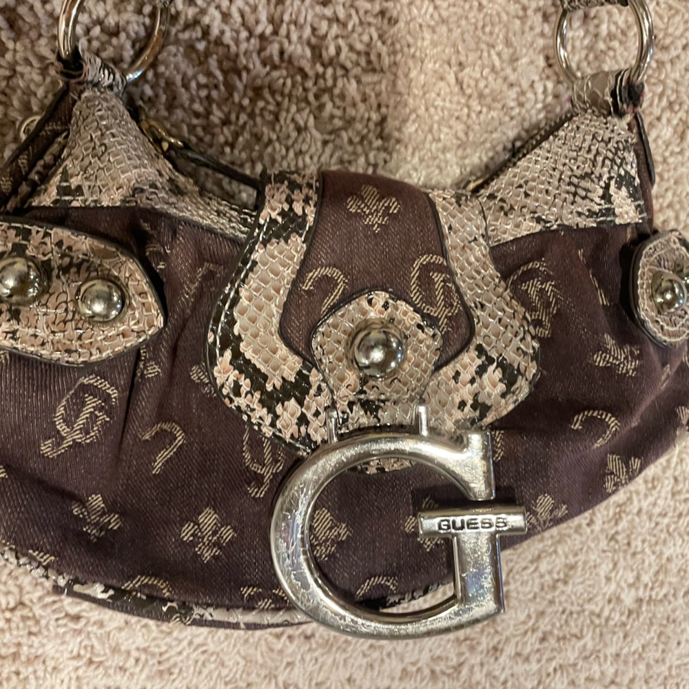 Guess Brown Monogram Shoulder Bag with Snake-Print Trim - Picture 7 of 10